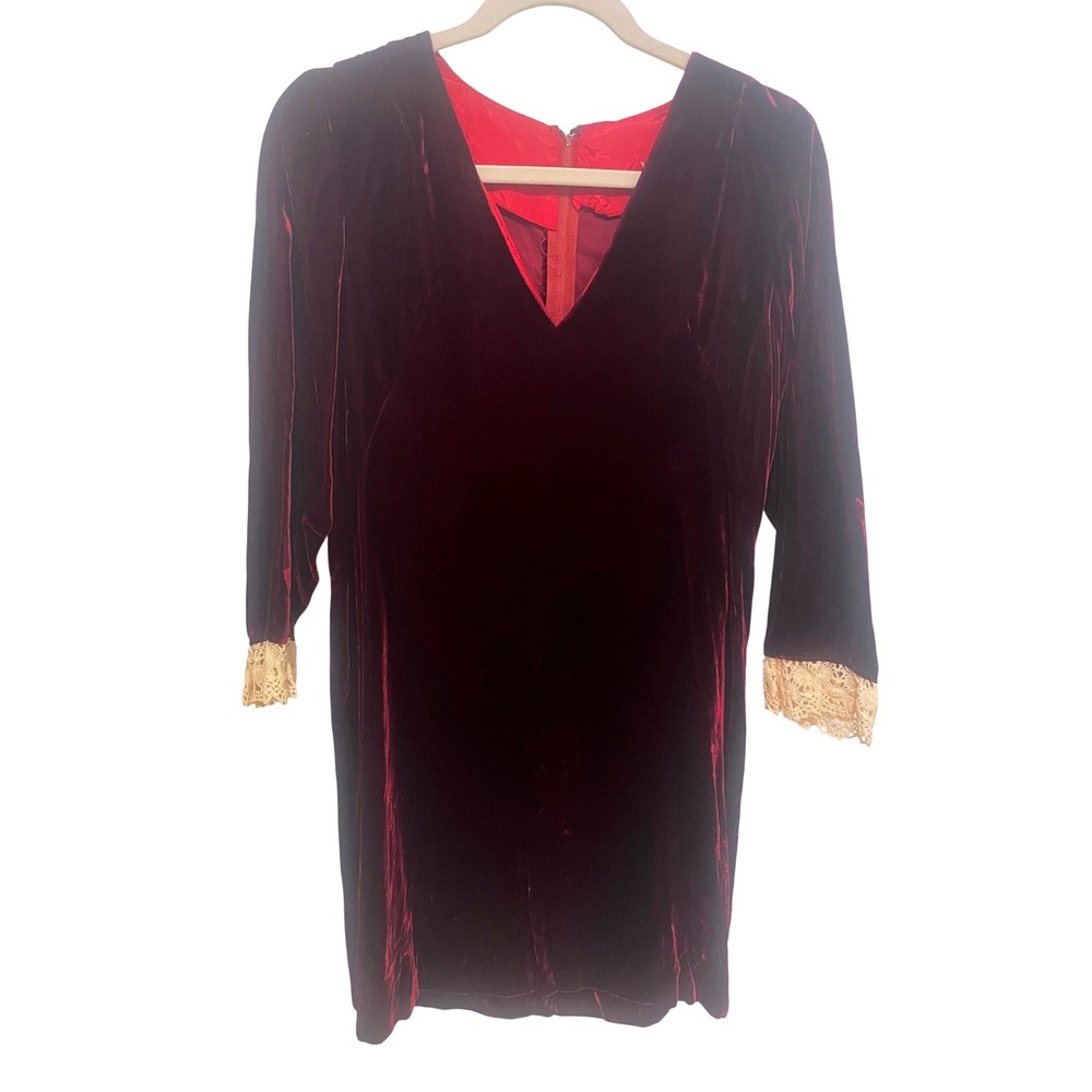 Vintage Burgundy Velvet Dress Lace Cuffs V-Neck Sears Fashion Small